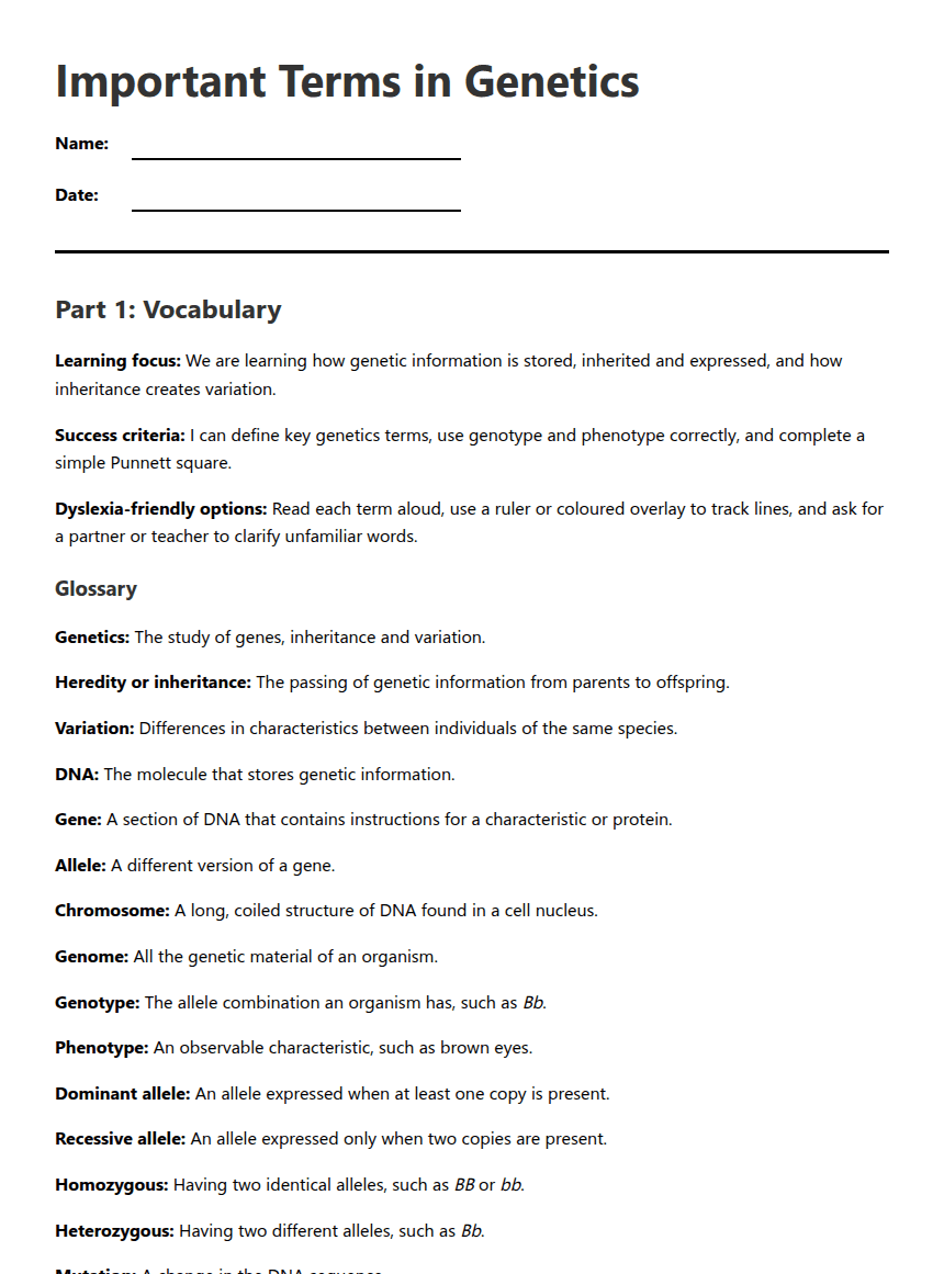 Genetics Vocabulary and Inheritance worksheet preview