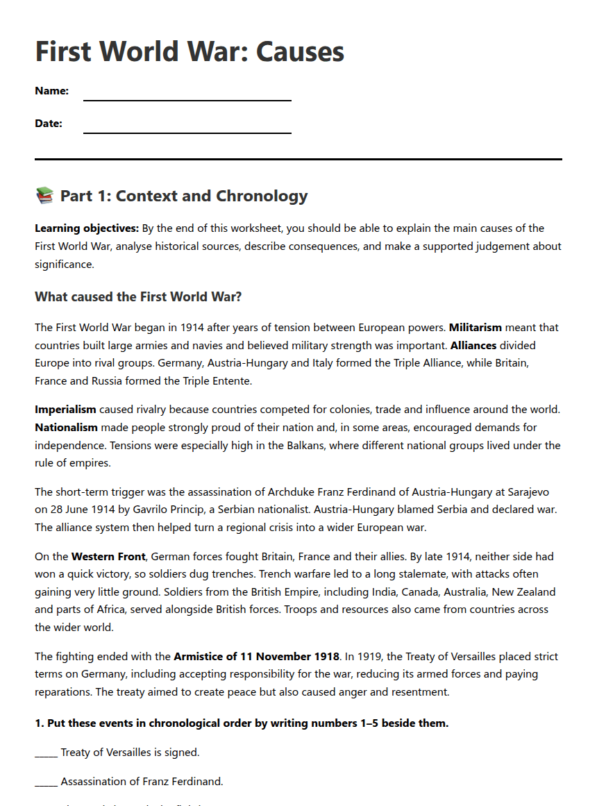 First World War: Causes worksheet preview
