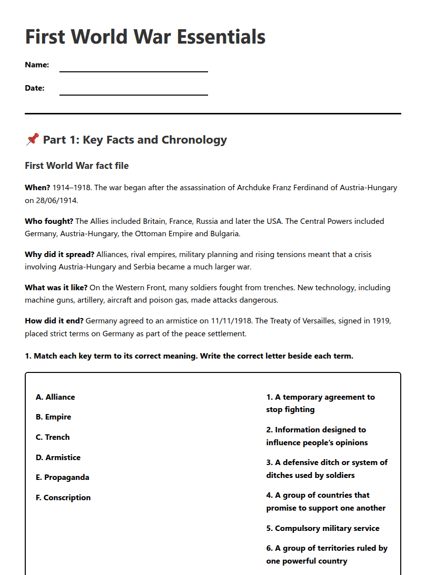First World War Essentials worksheet preview