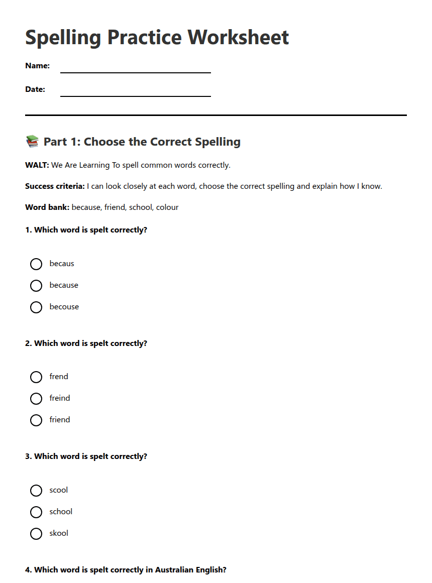 Spelling Practice Worksheet worksheet preview