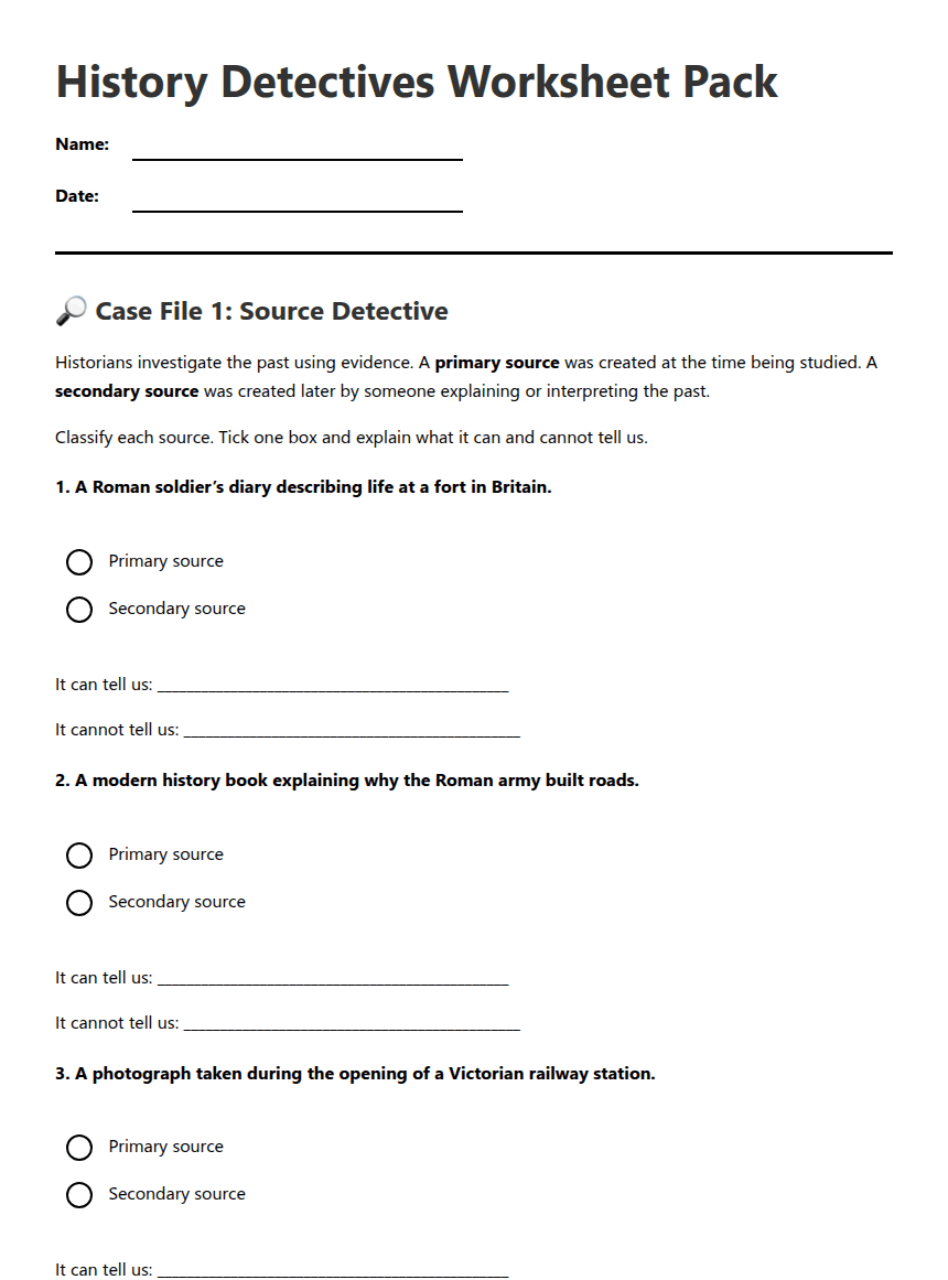 History Detectives Worksheet Pack worksheet preview