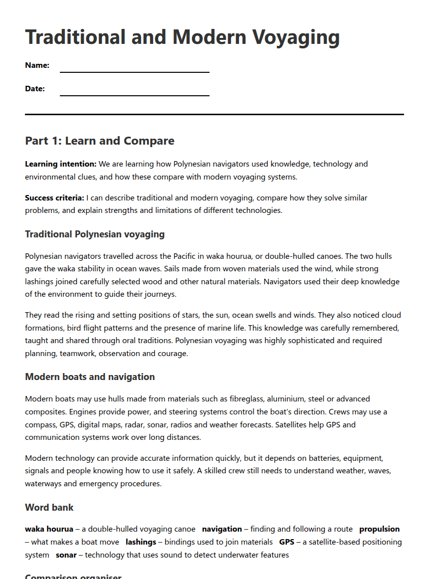 Traditional and Modern Voyaging worksheet preview