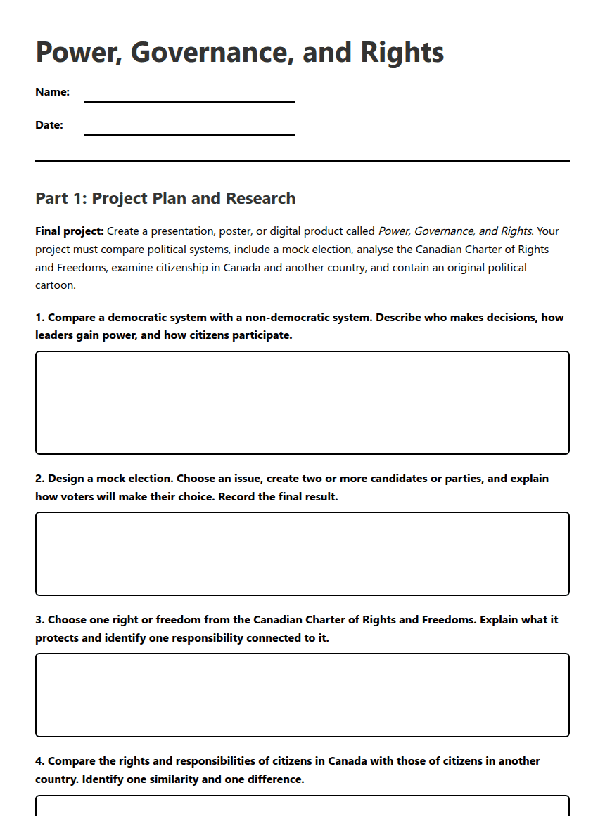 Power, Governance, and Rights worksheet preview