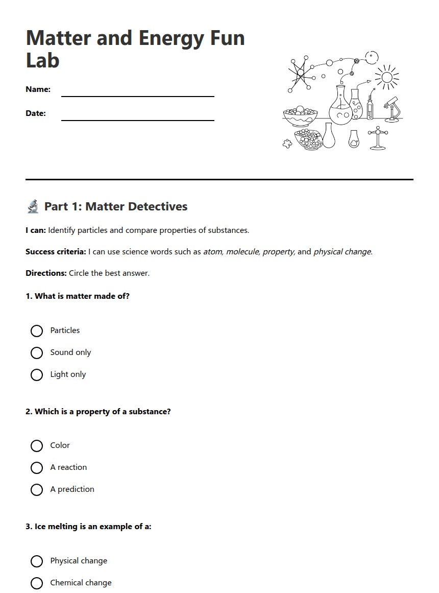 Matter and Energy Fun Lab worksheet preview