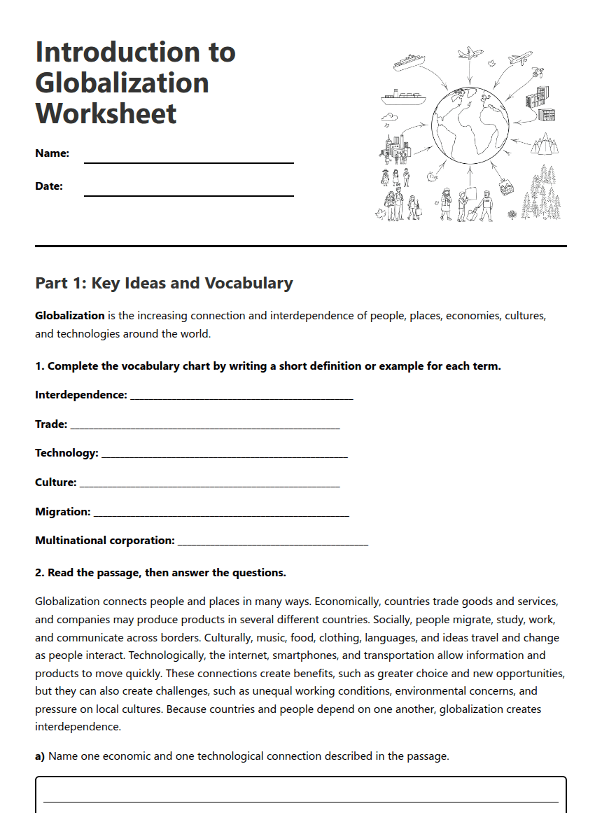 Introduction to Globalization Worksheet worksheet preview