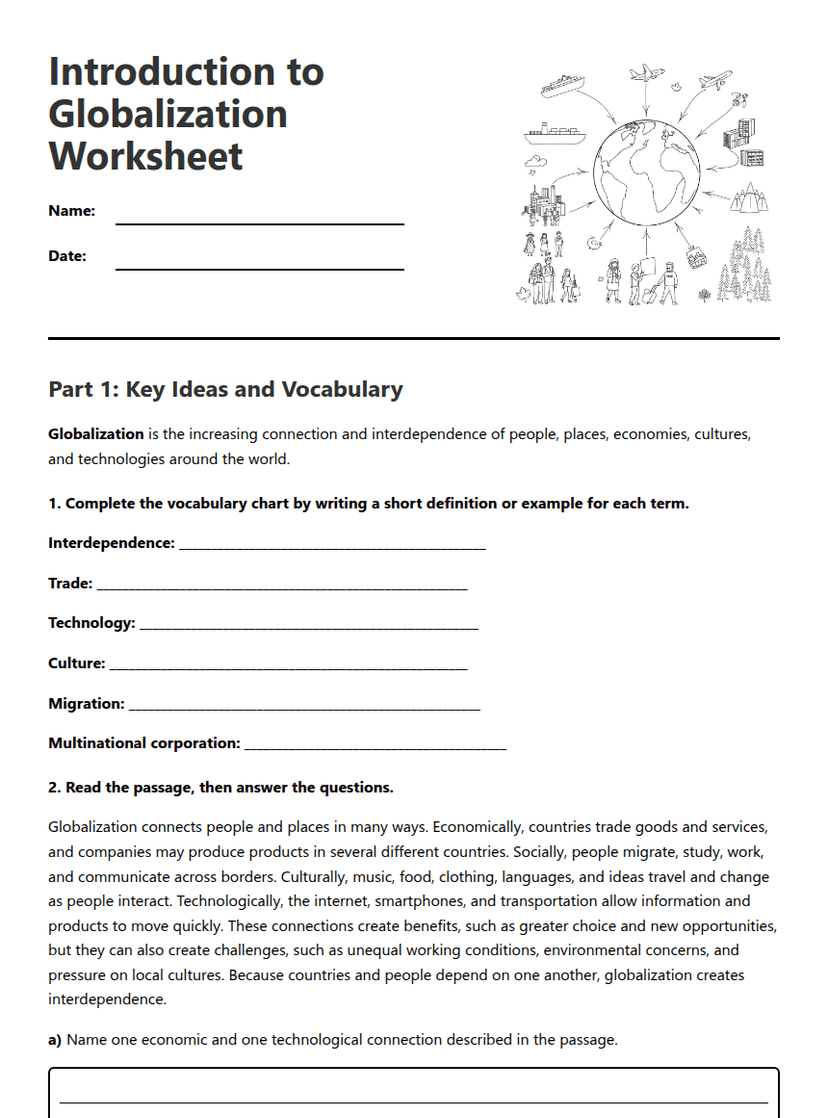 Introduction to Globalization Worksheet