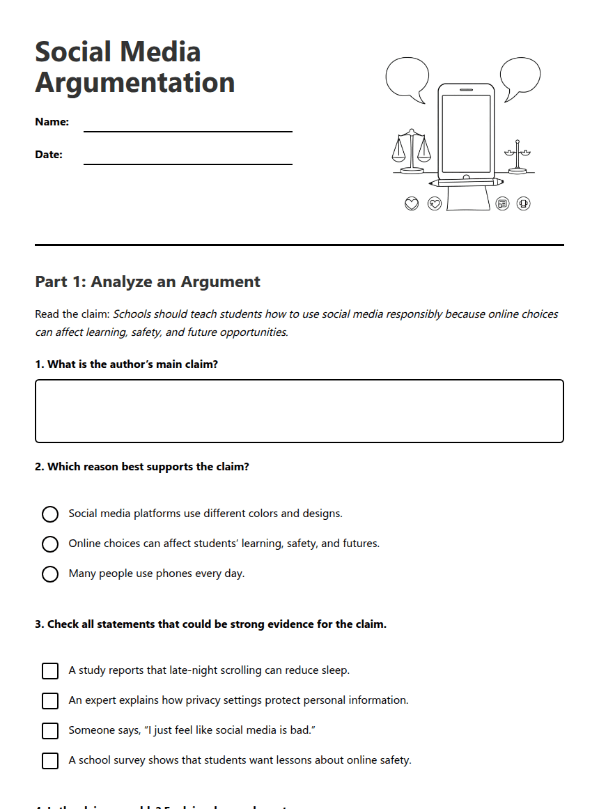 Social Media Argumentation worksheet preview
