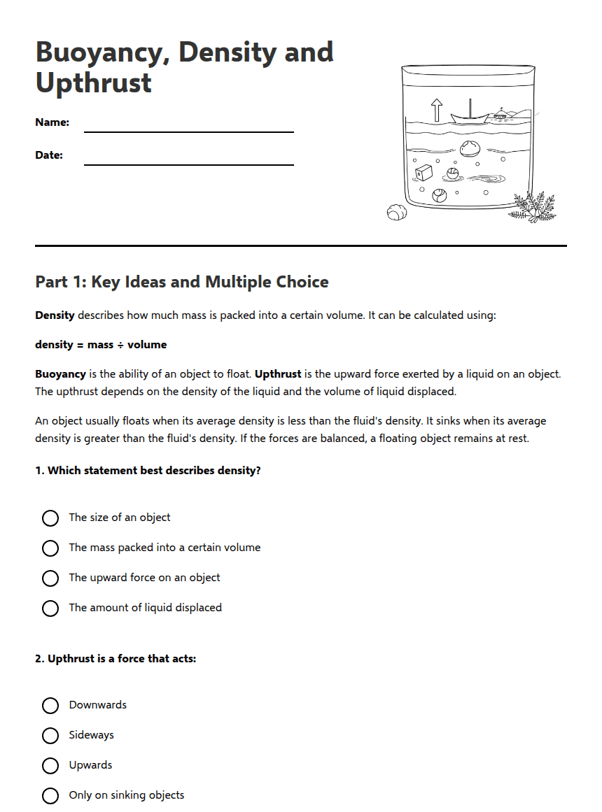 Buoyancy, Density and Upthrust worksheet preview