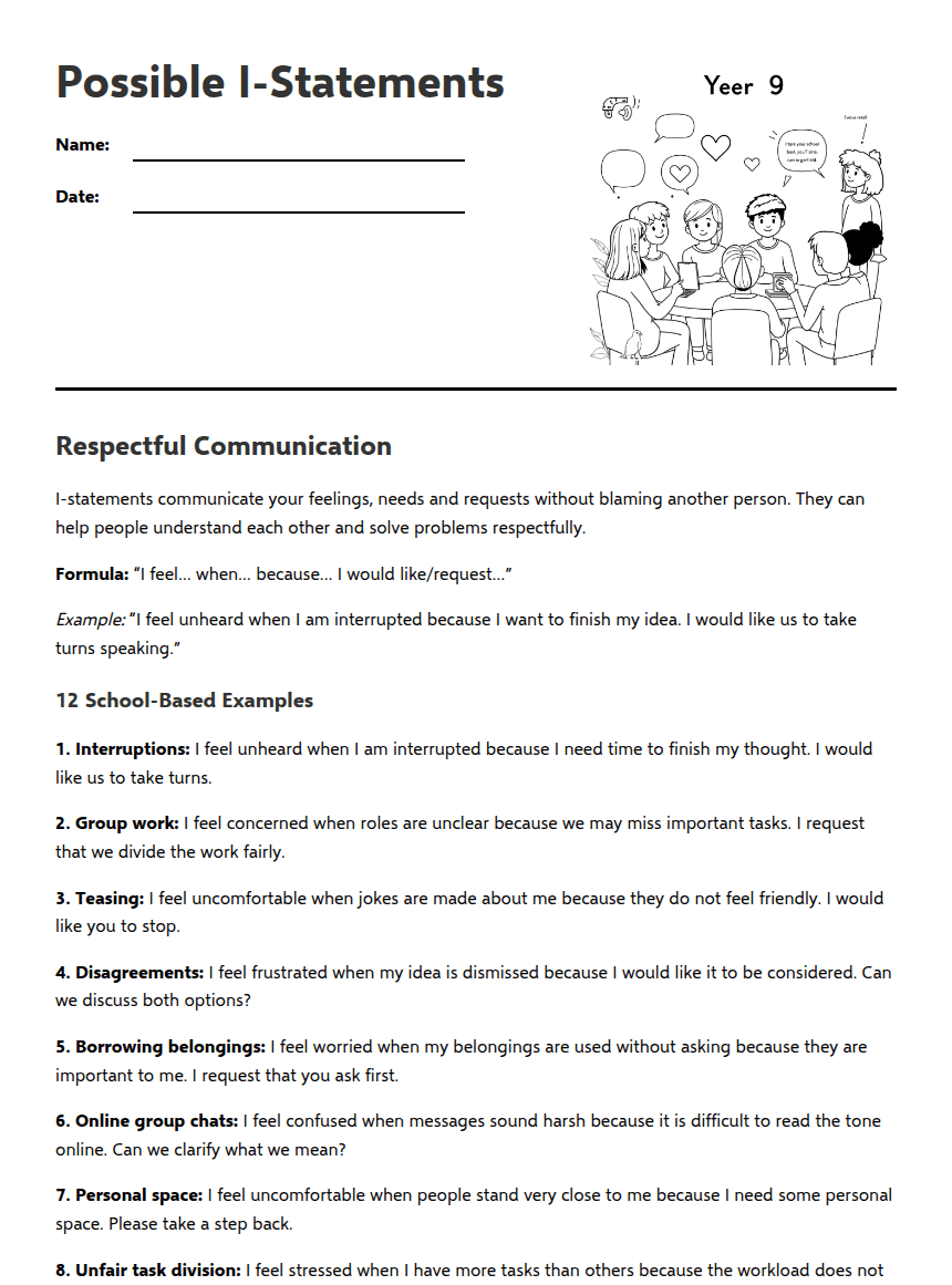 Respectful I-Statements Practice worksheet preview