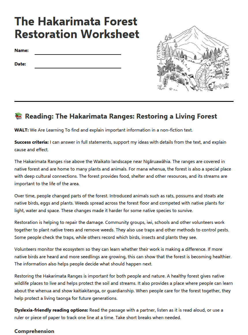 The Hakarimata Forest Restoration Worksheet worksheet preview