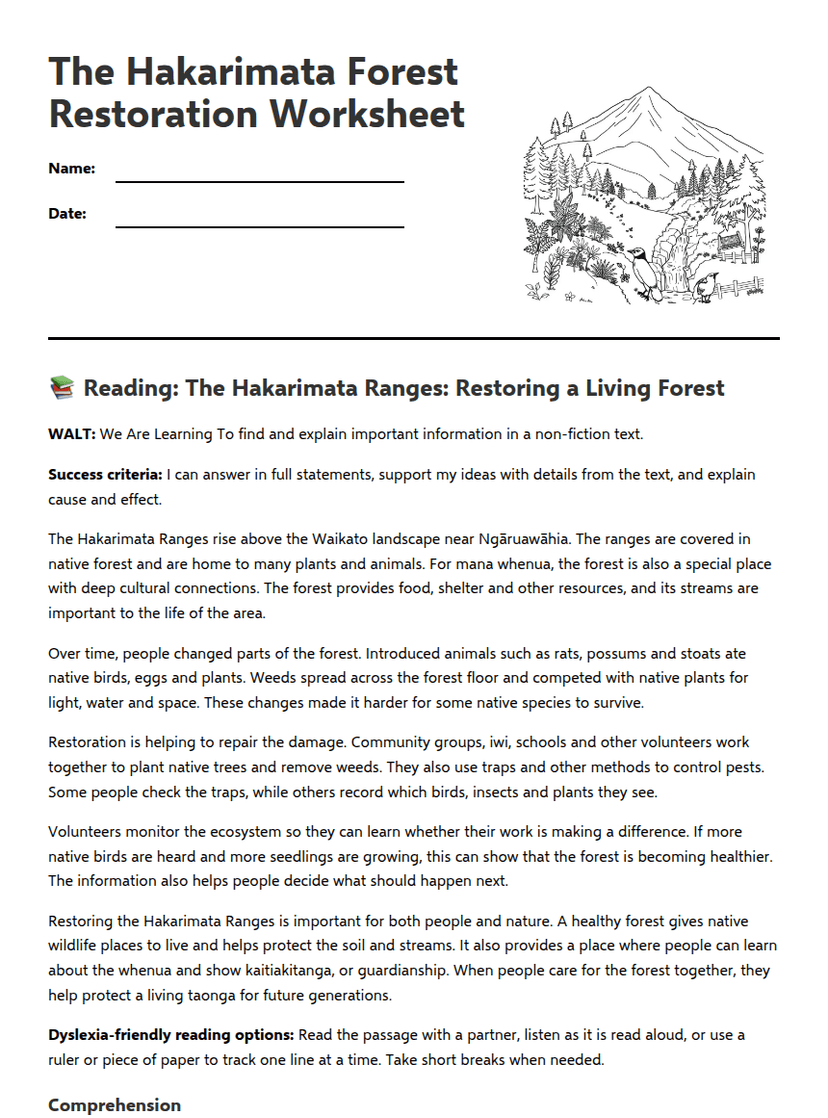 The Hakarimata Forest Restoration Worksheet