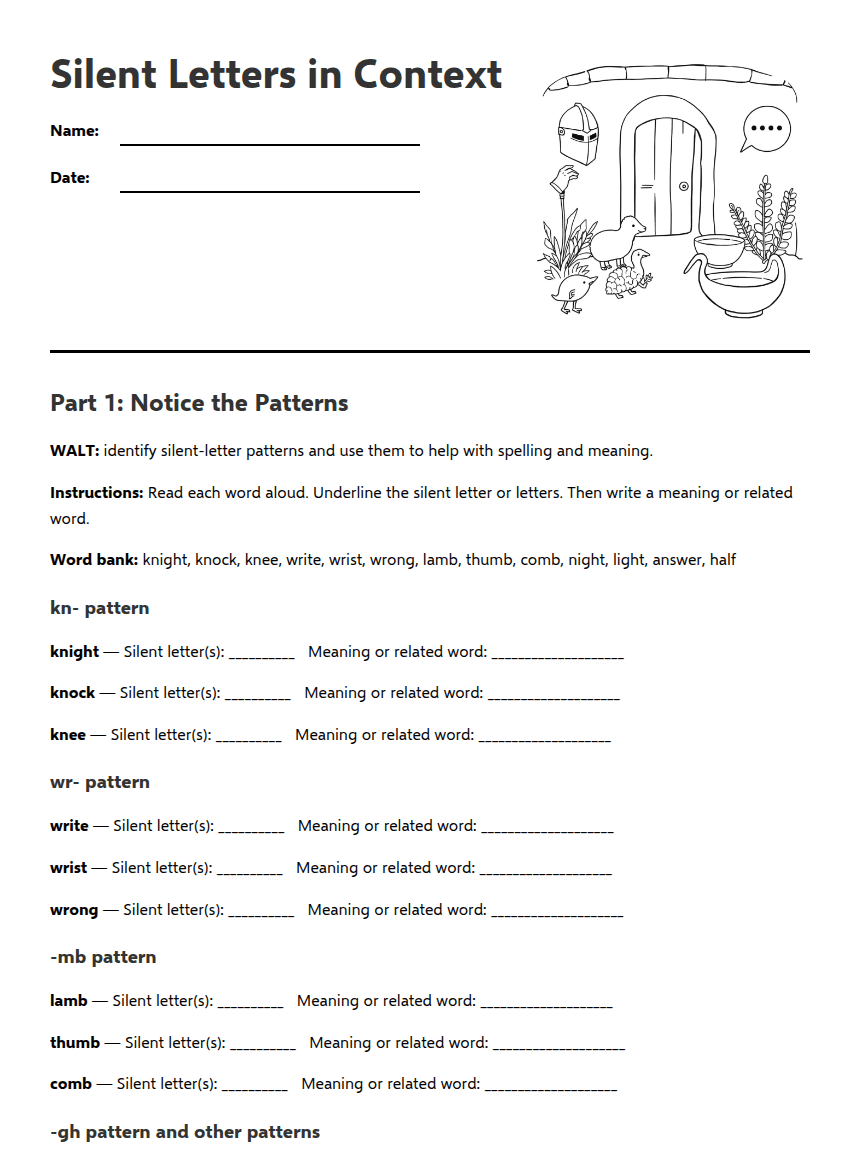 Silent Letters in Context worksheet preview