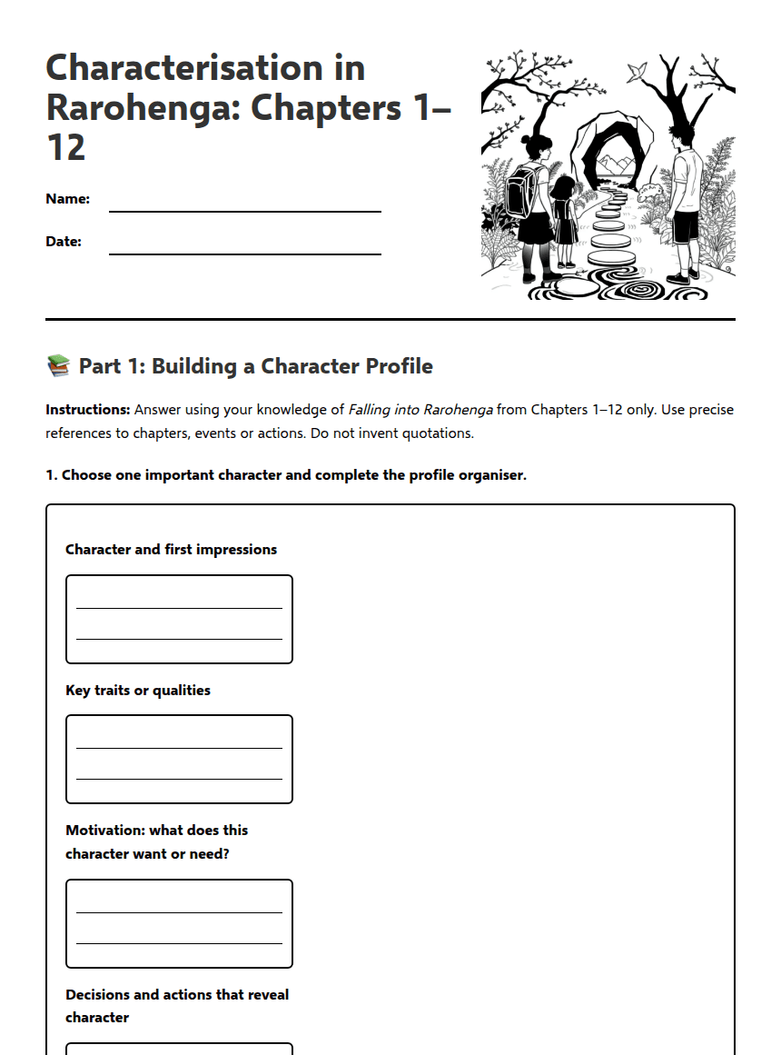 Characterisation in Rarohenga: Chapters 1–12 worksheet preview