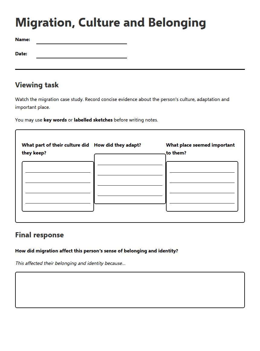 Migration, Culture and Belonging worksheet preview