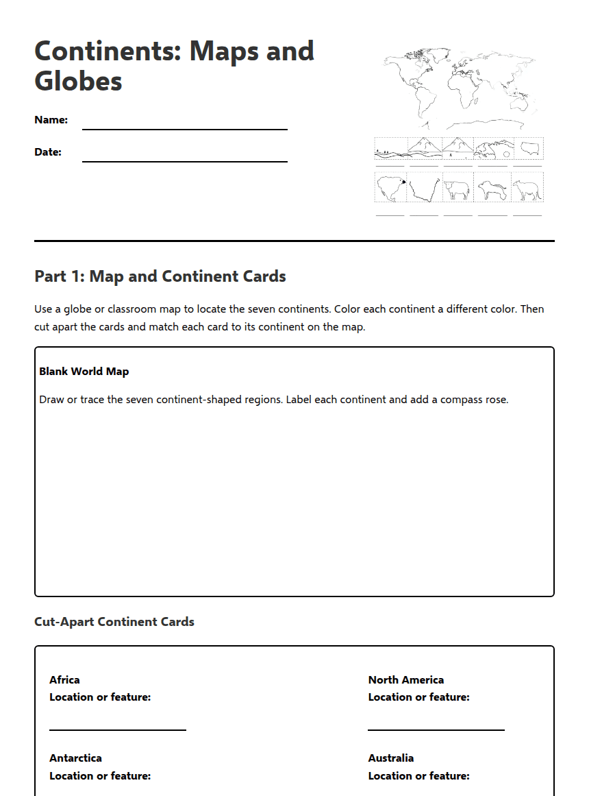 Continents: Maps and Globes worksheet preview