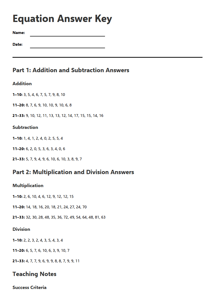 Equation Answer Key worksheet preview