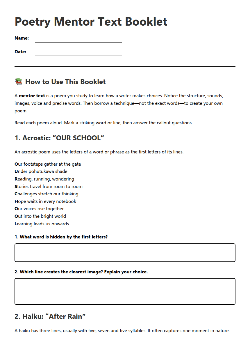 Poetry Mentor Text Booklet worksheet preview