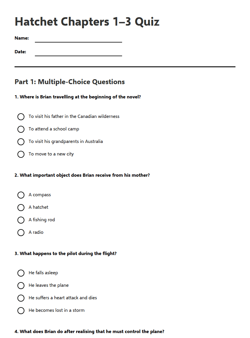 Hatchet Chapters 1–3 Quiz worksheet preview