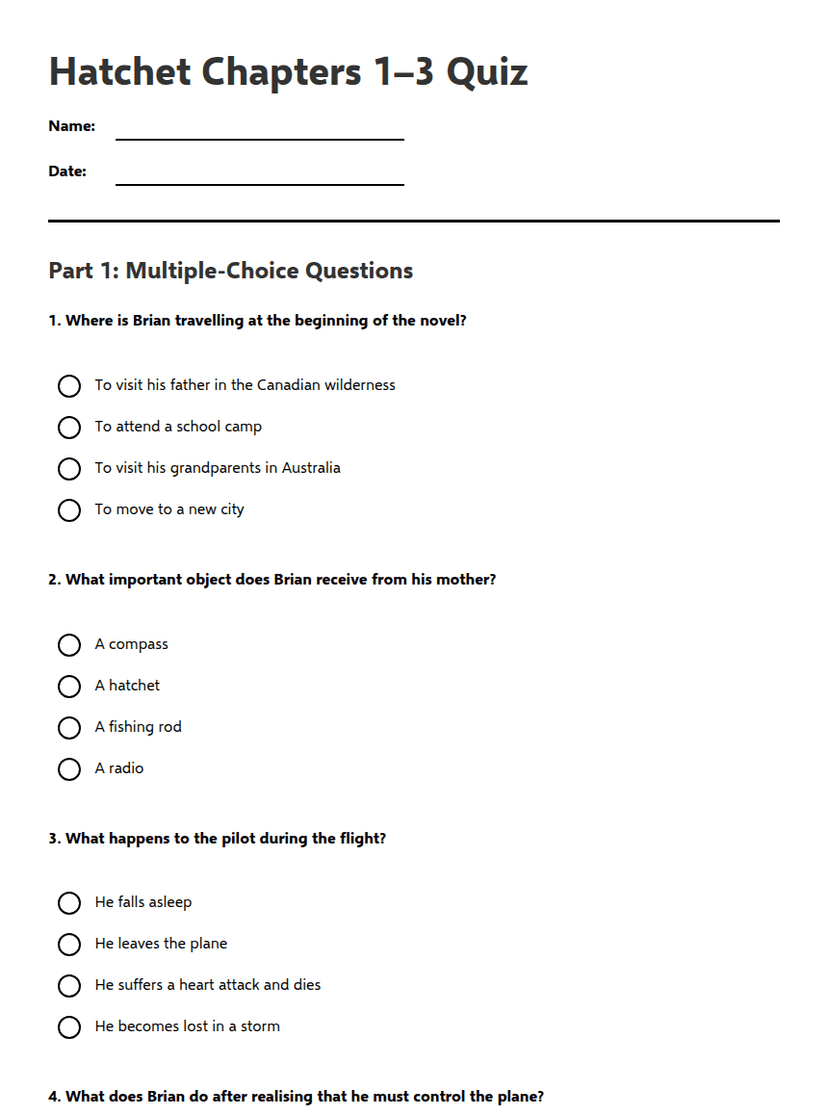 Hatchet Chapters 1–3 Quiz