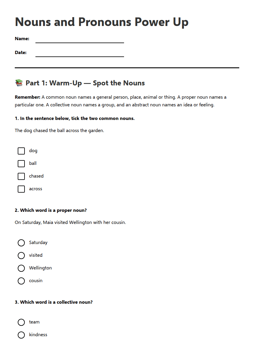 Nouns and Pronouns Power Up worksheet preview