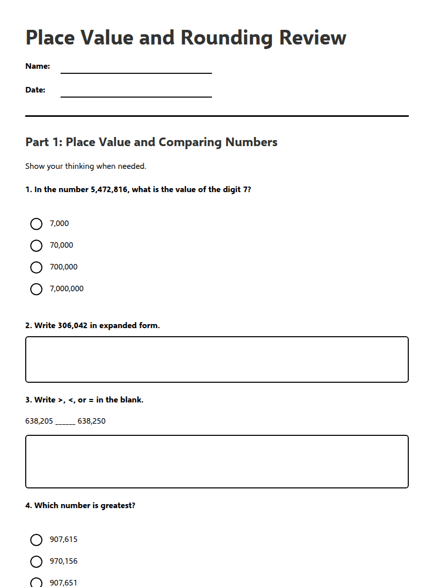 Place Value and Rounding Review worksheet preview