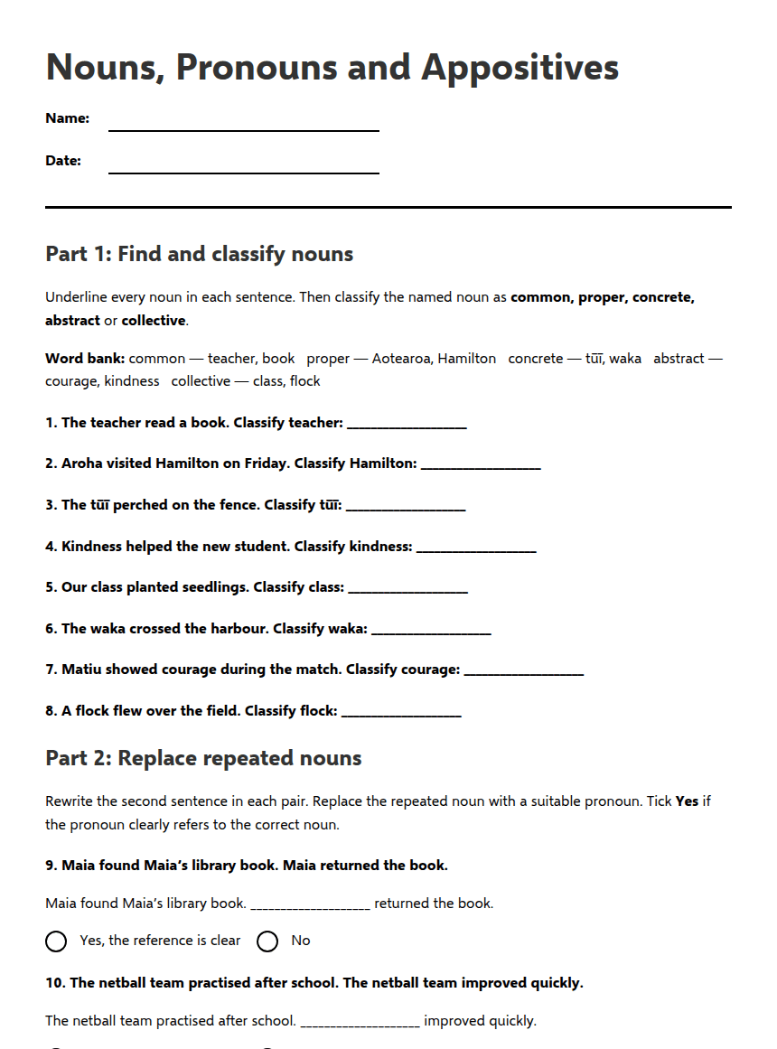 Nouns, Pronouns and Appositives worksheet preview