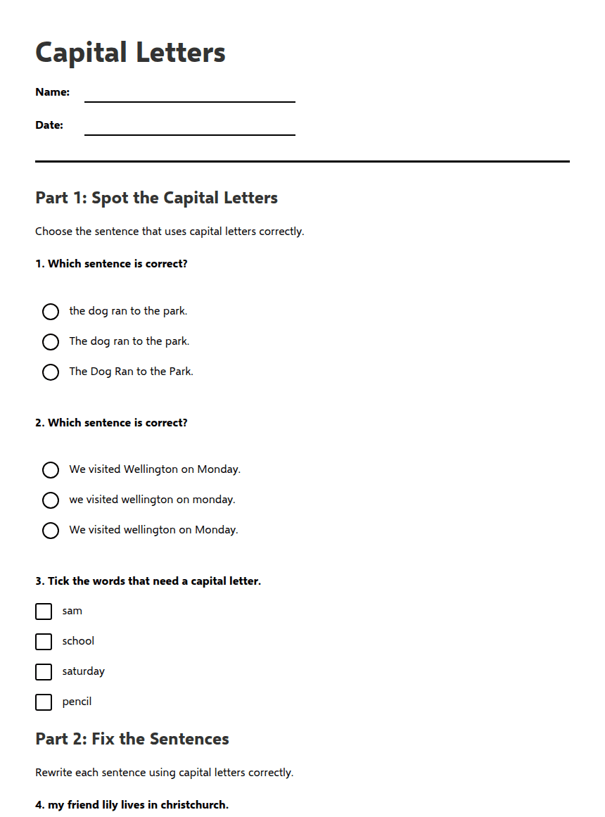 Capital Letters, Full Stops worksheet preview