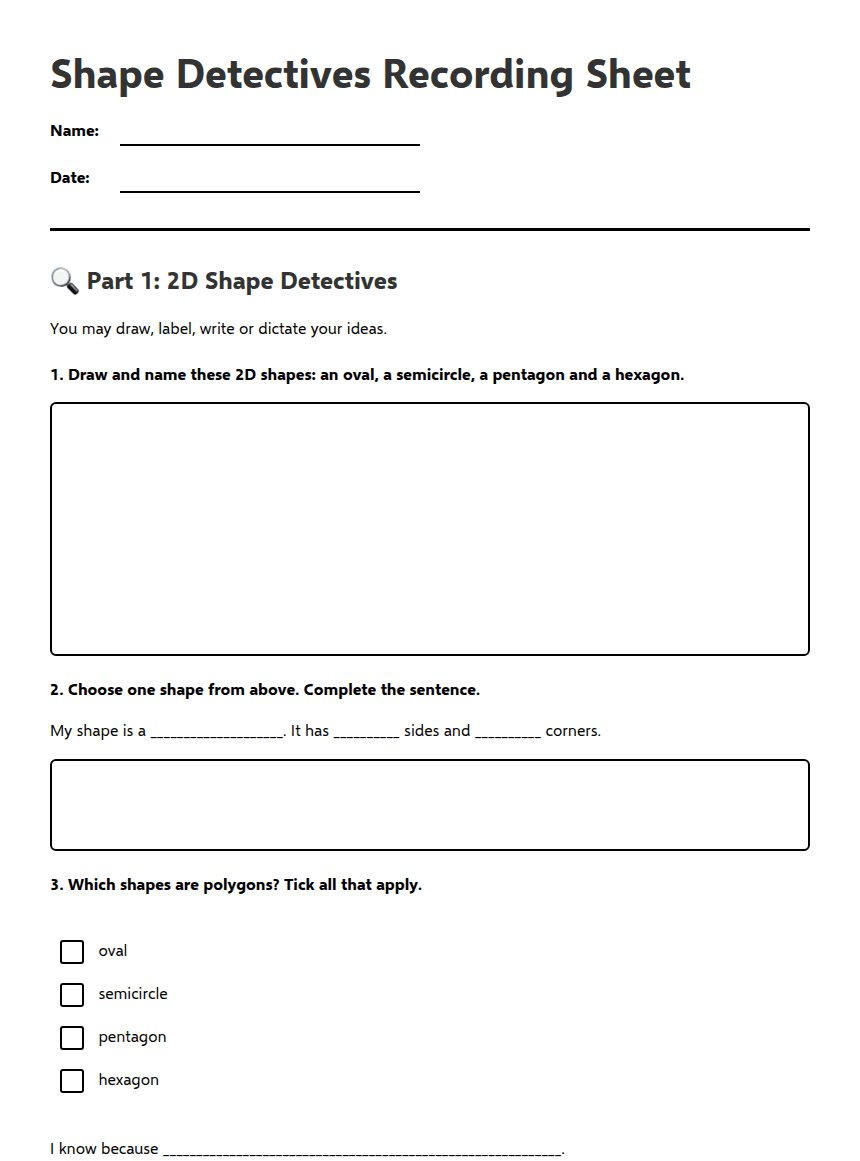 Shape Detectives Recording Sheet worksheet preview