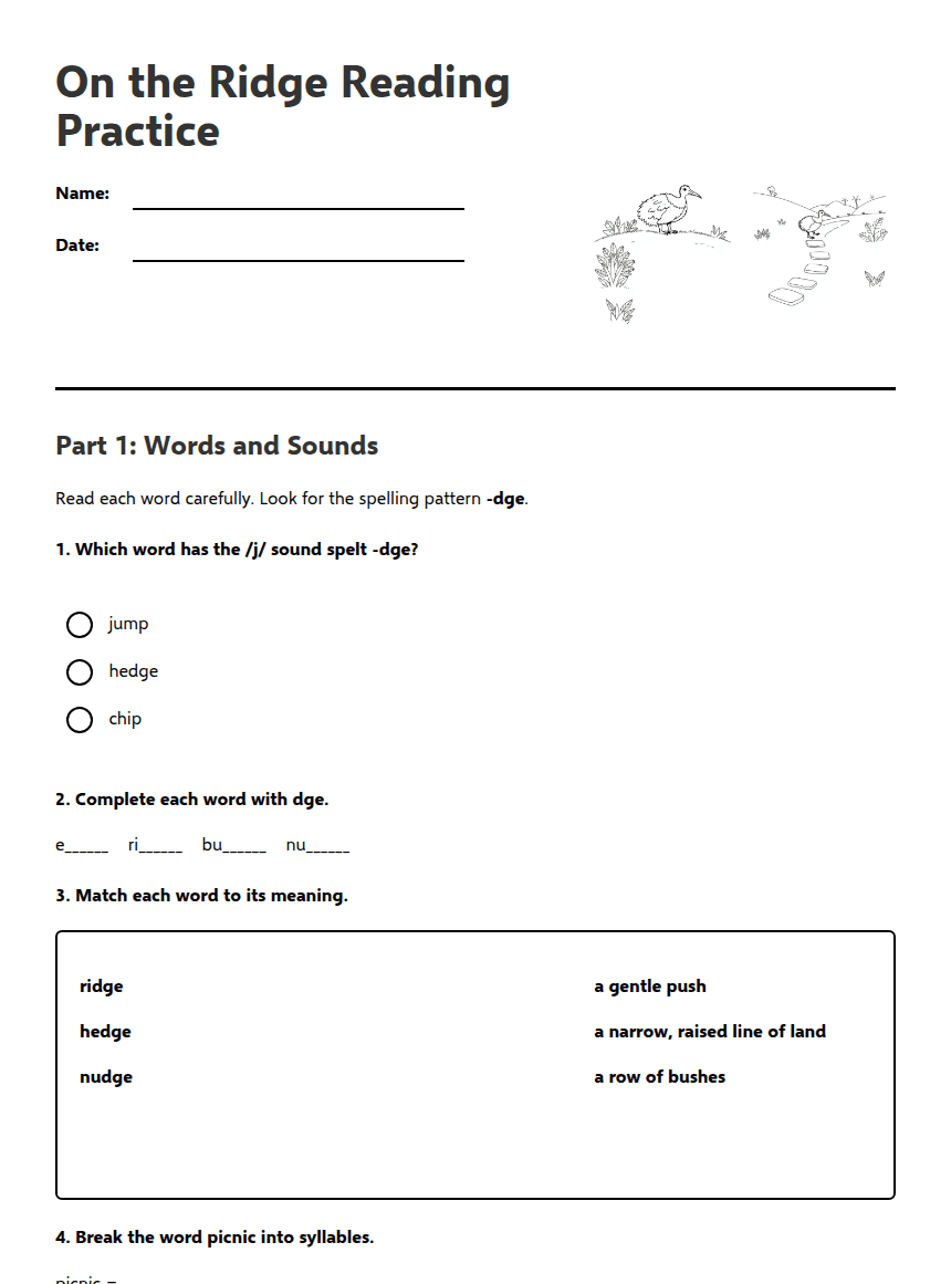 On the Ridge Reading Practice worksheet preview