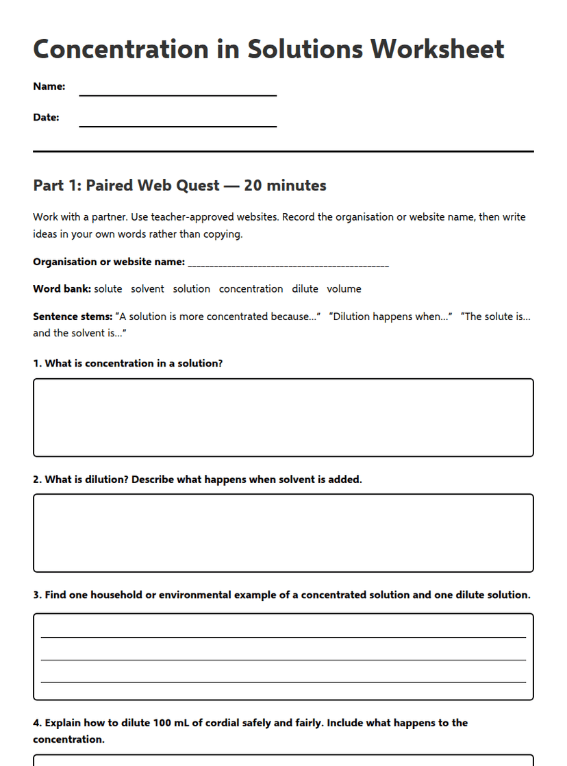 Concentration in Solutions Worksheet