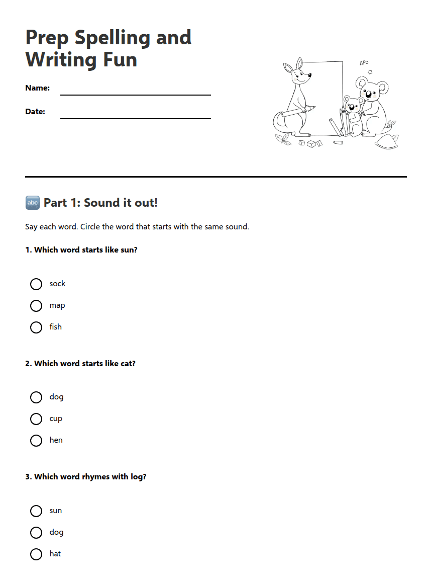 Prep Spelling and Writing Fun worksheet preview