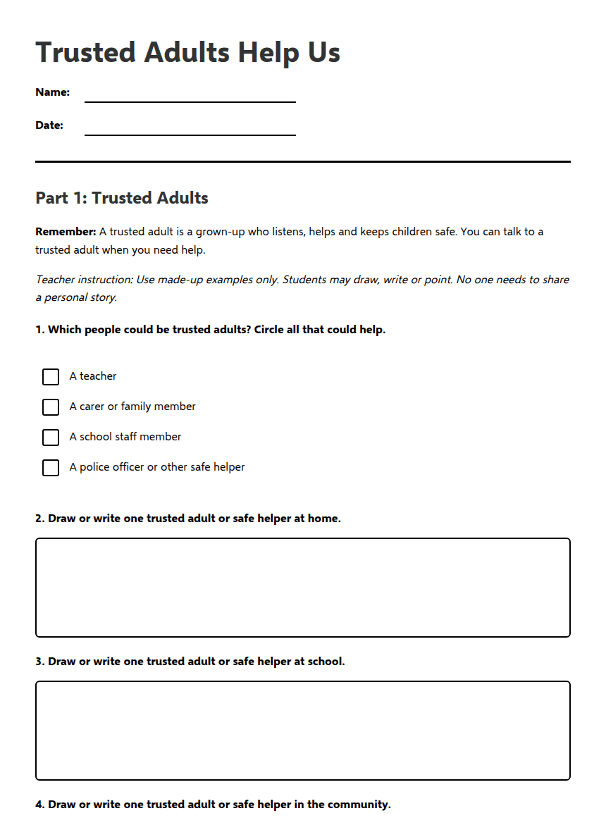 Trusted Adults Help Us worksheet preview