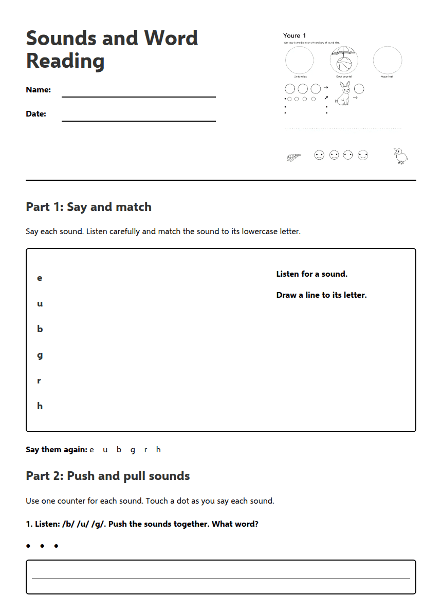 Sounds and Word Reading worksheet preview