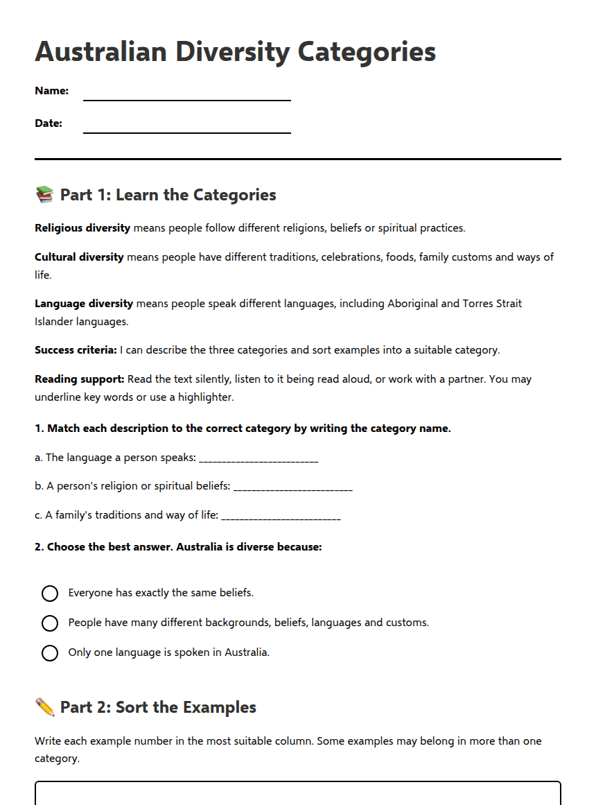 Australian Diversity Categories worksheet preview