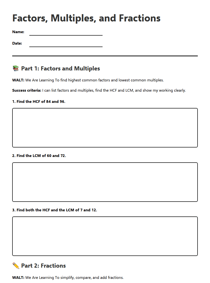 Factors, Multiples, and Fractions worksheet preview