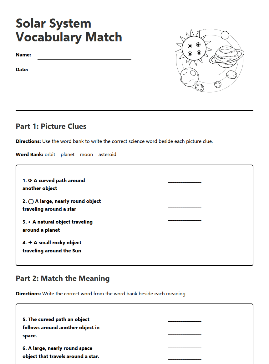 Solar System Vocabulary Match worksheet preview