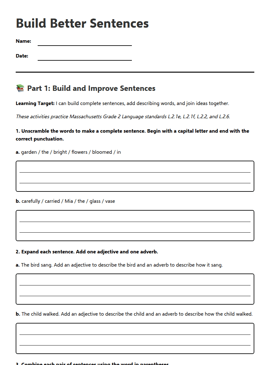 Build Better Sentences worksheet preview