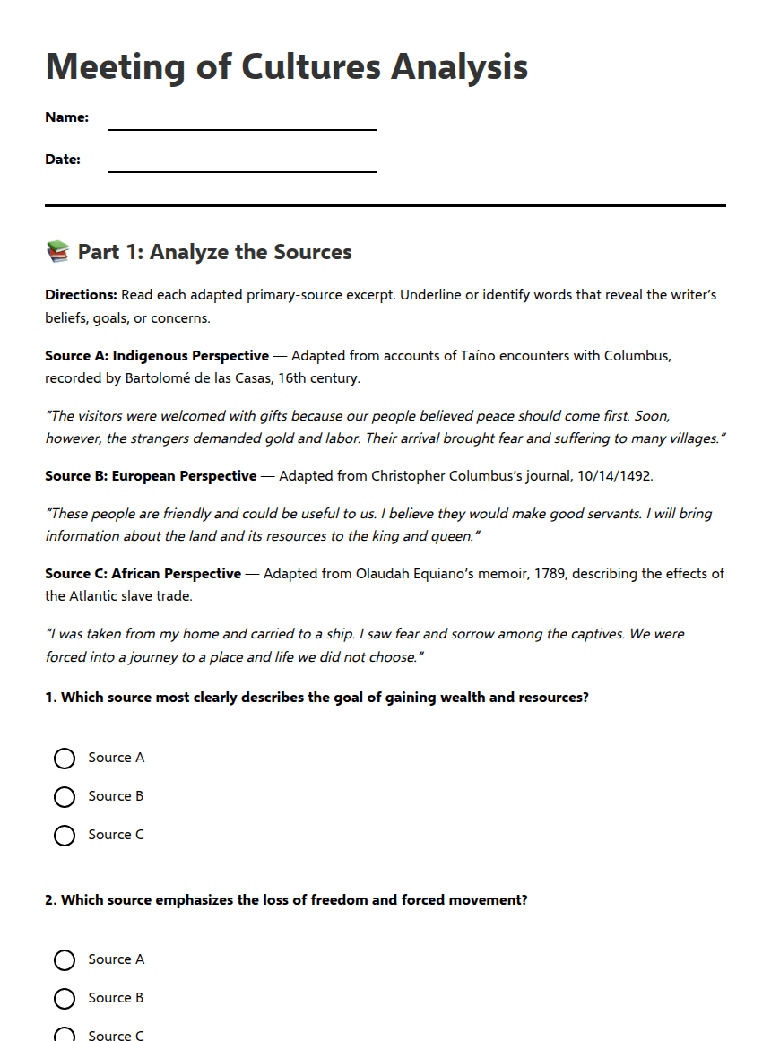 Meeting of Cultures Analysis worksheet preview