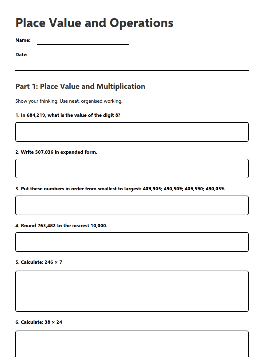 Place Value and Operations worksheet preview