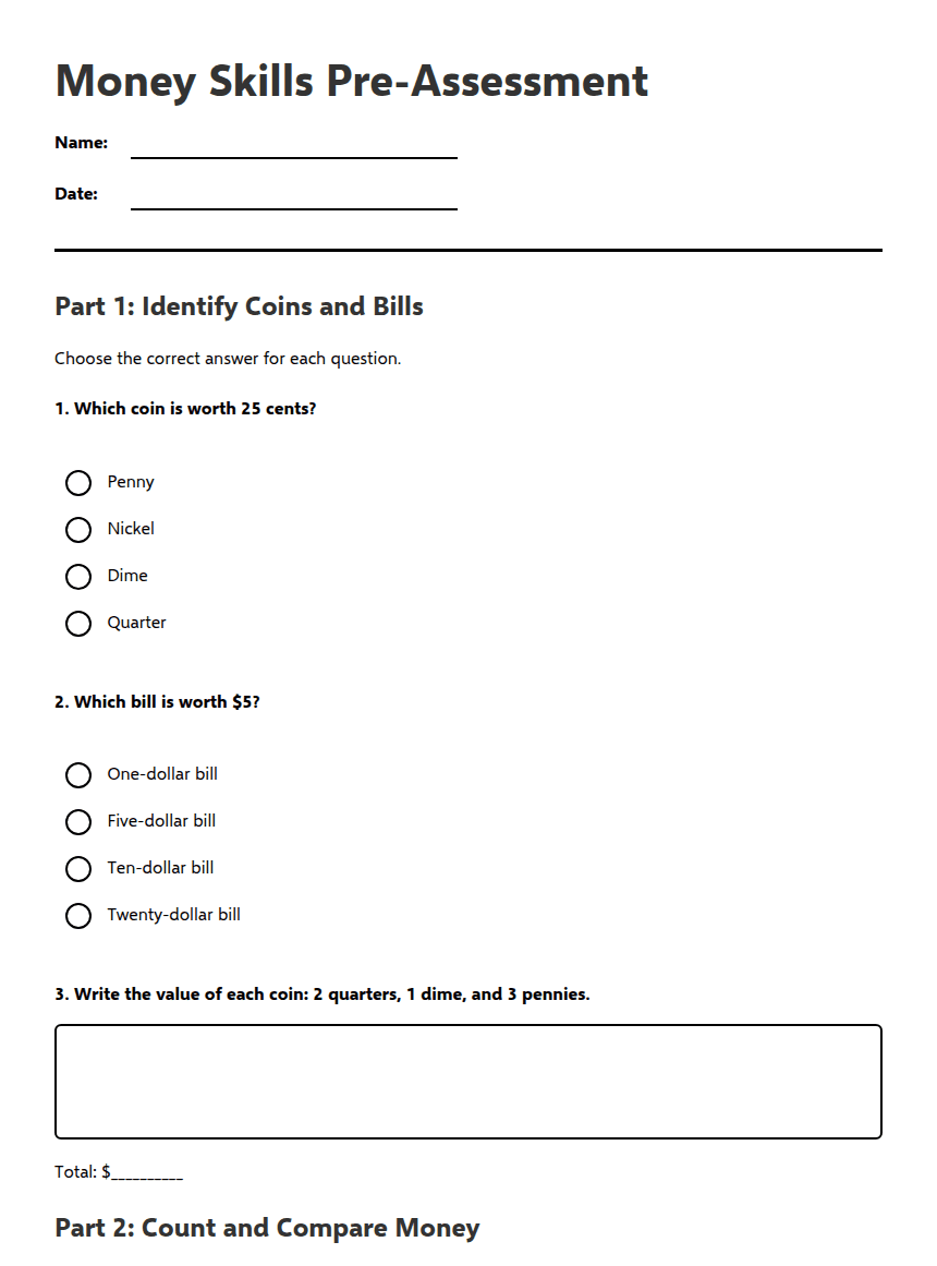 Money Skills Pre-Assessment worksheet preview
