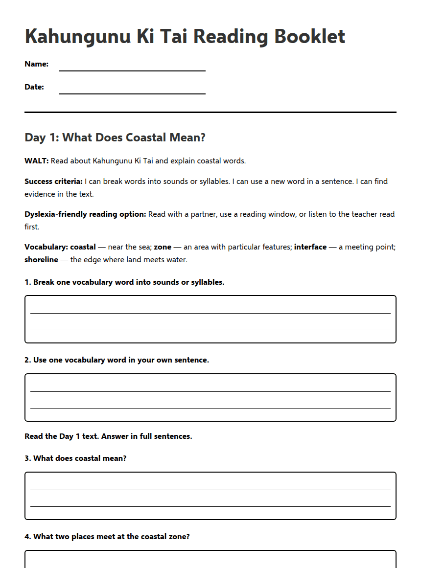 Kahungunu Ki Tai Reading Booklet worksheet preview