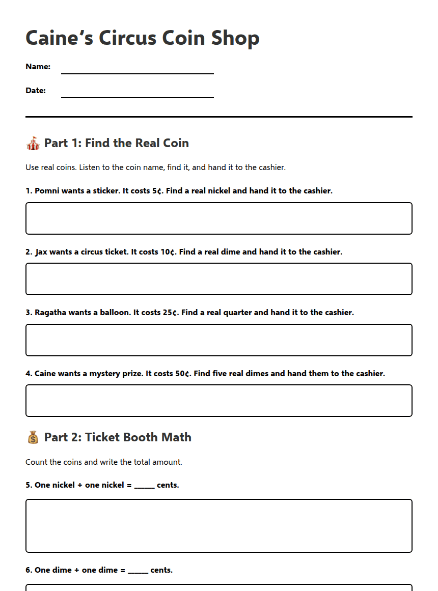 Caine’s Circus Coin Shop worksheet preview
