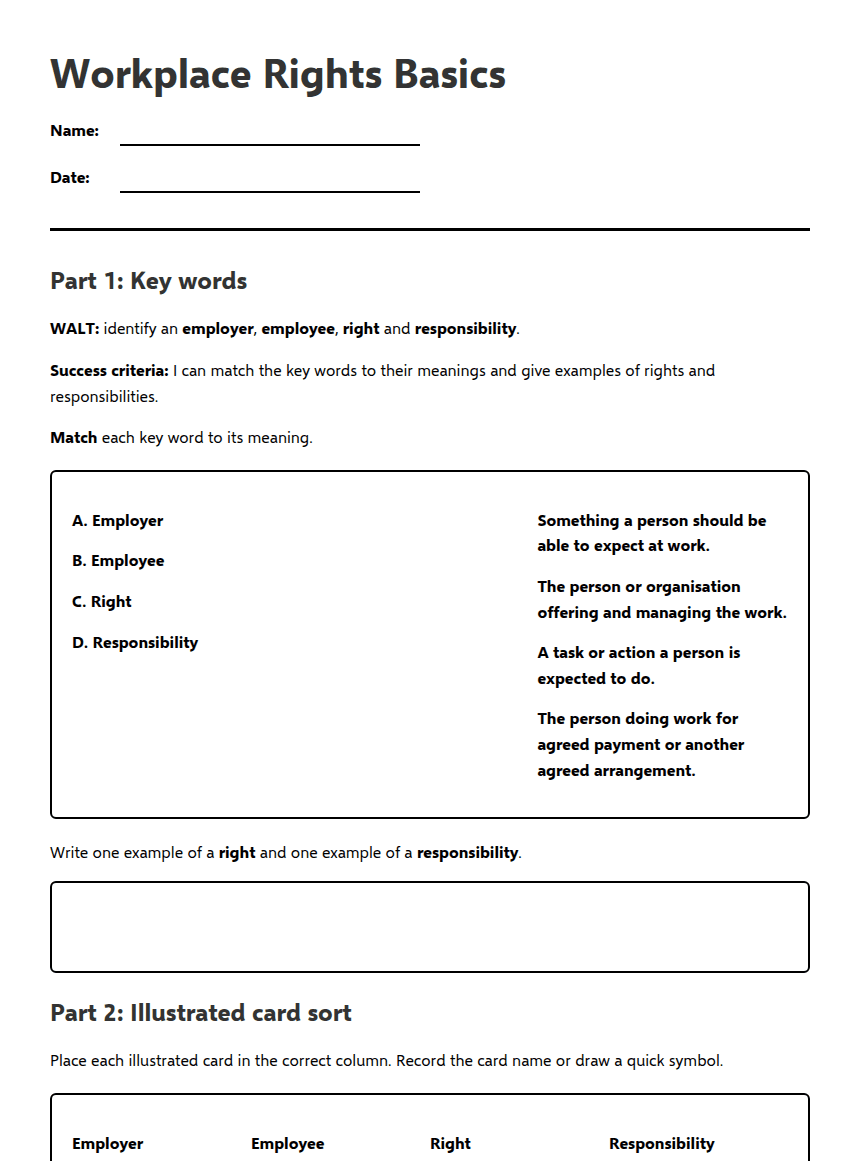 Workplace Rights Basics worksheet preview