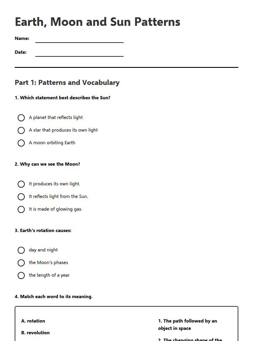 Earth, Moon and Sun Patterns worksheet preview