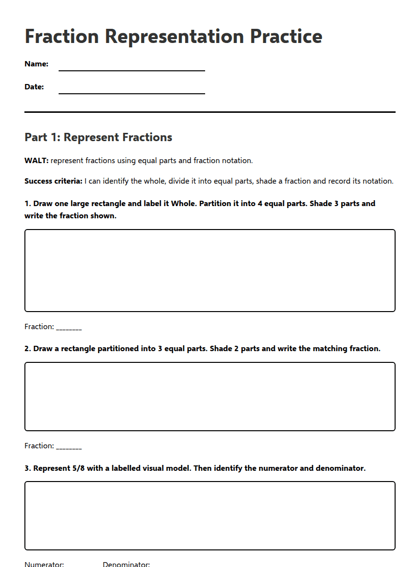 Fraction Representation Practice worksheet preview