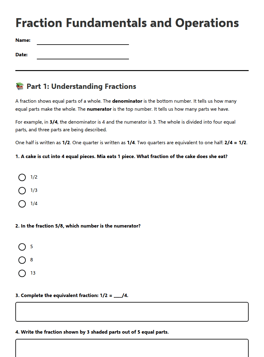 Fraction Fundamentals and Operations worksheet preview