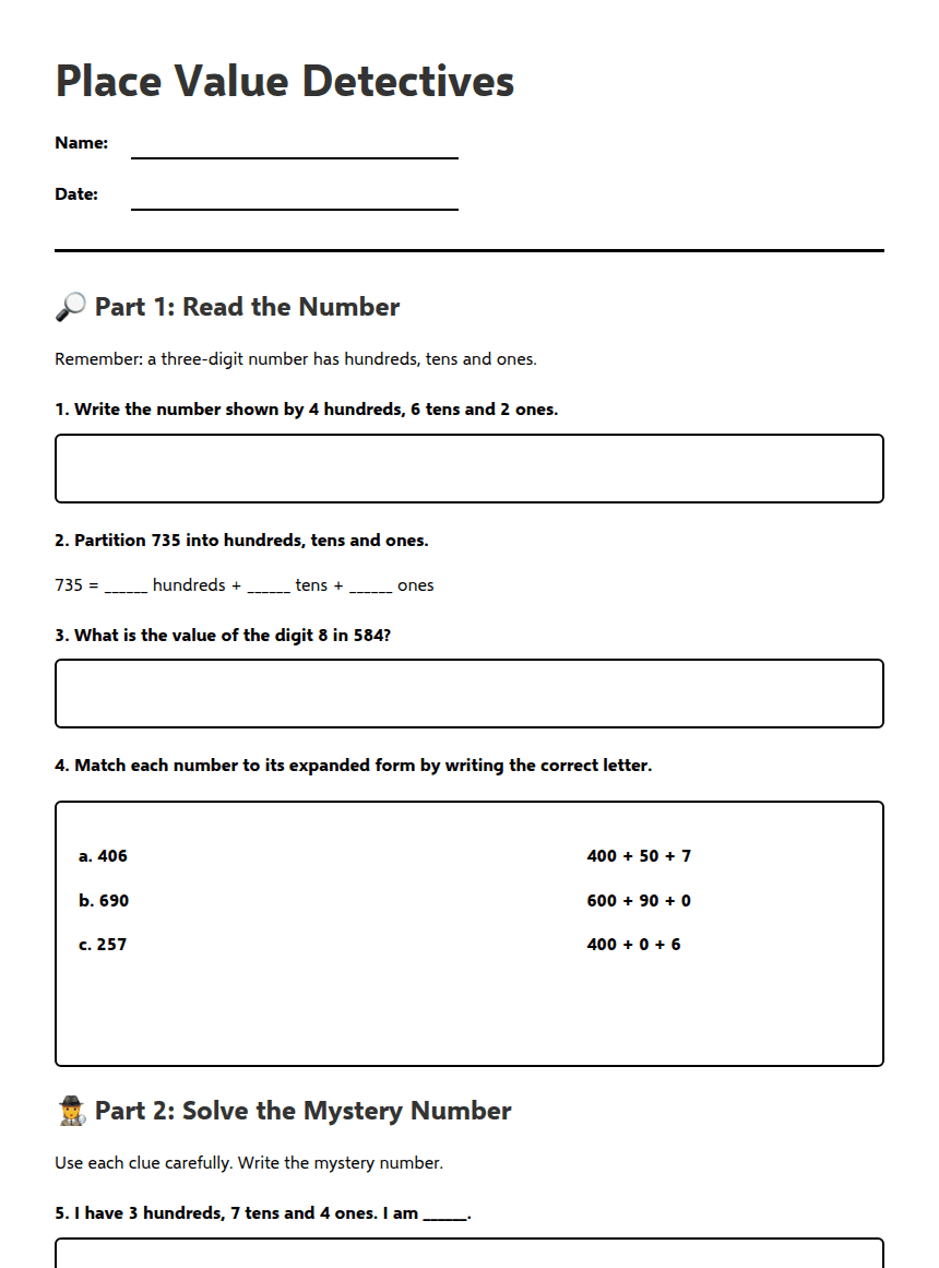 Place Value Detectives worksheet preview