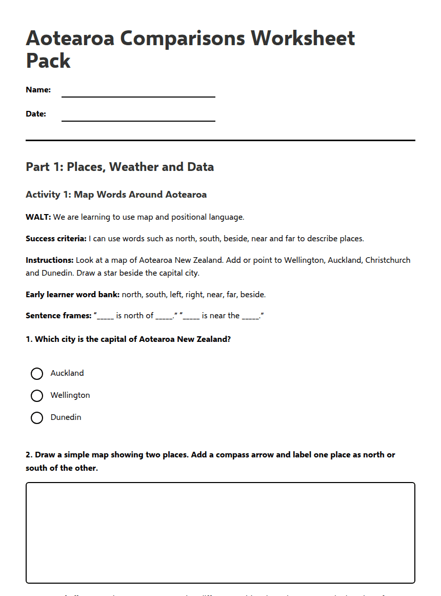 Aotearoa Comparisons Worksheet Pack worksheet preview