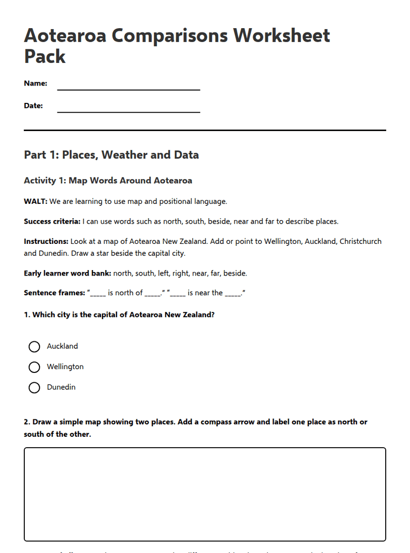 Aotearoa Comparisons Worksheet Pack
