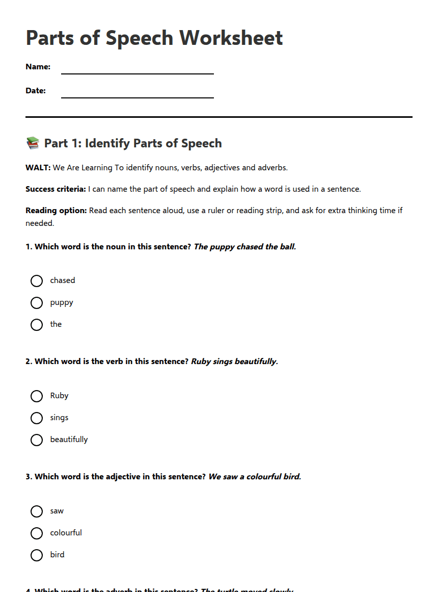 Parts of Speech Worksheet worksheet preview